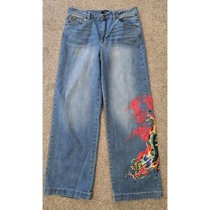 Ed Hardy Dragon Jeans 32 Y2K Wide Leg Baggy Denim Tattoo Graphic Rare Grail Fire